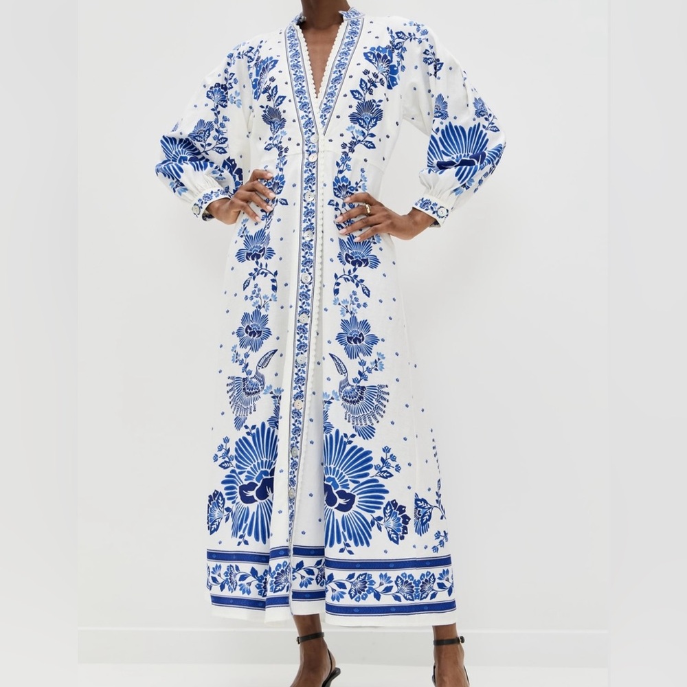 Farm Rio Forest Soul White and Blue Floral Maxi Dress